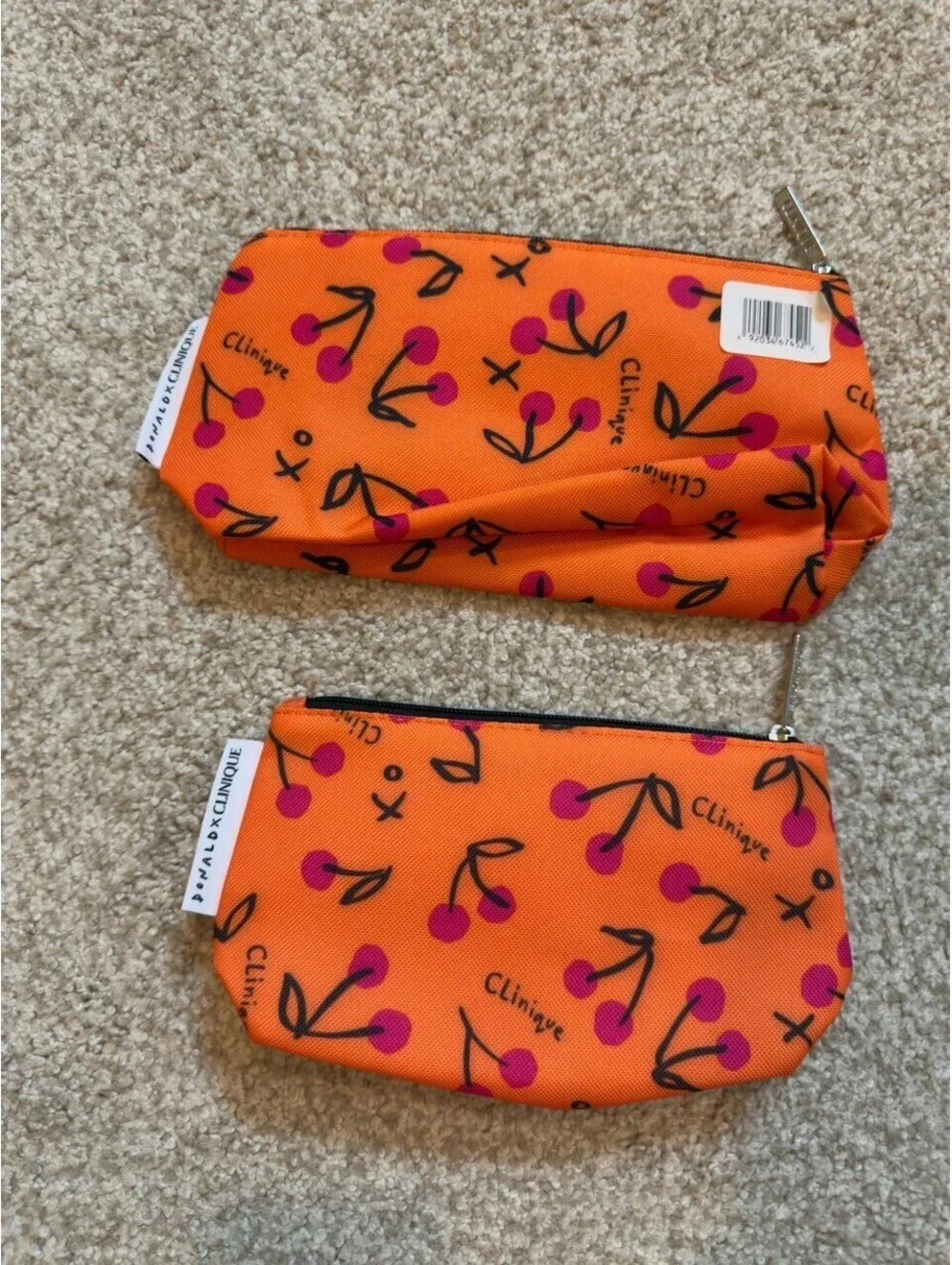 Donald Robertson x Clinique Cherry Print Cosmetic Bag Lot of 2 Orange Pink New